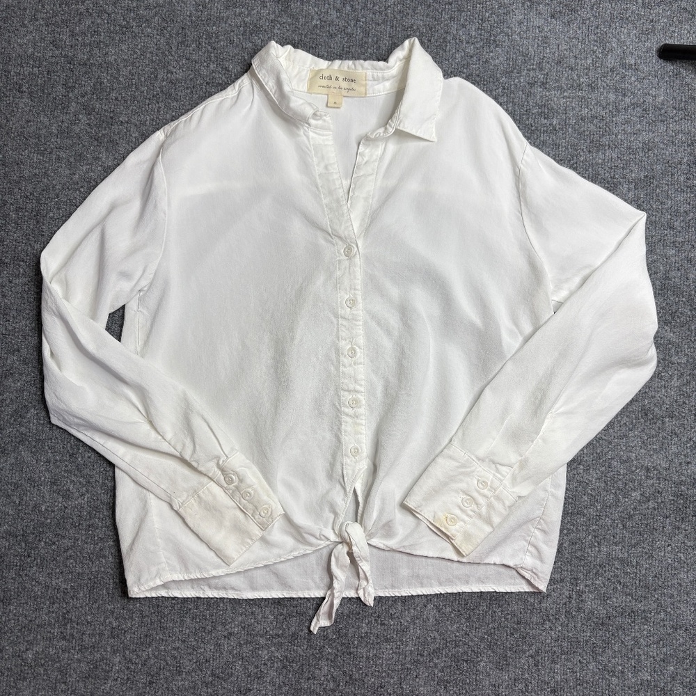 Cloth & Stone Shirt Women Small White Button Front Tie Hem Long Sleeve Top